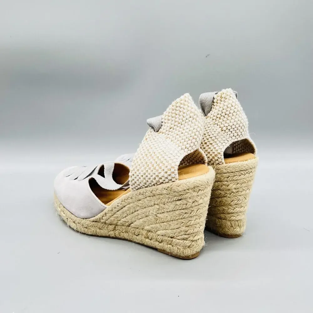 Paseart Sandals Womens 8.5 Gray Suede Espadrille Wedge Ankle Tie Lace Up Shoes